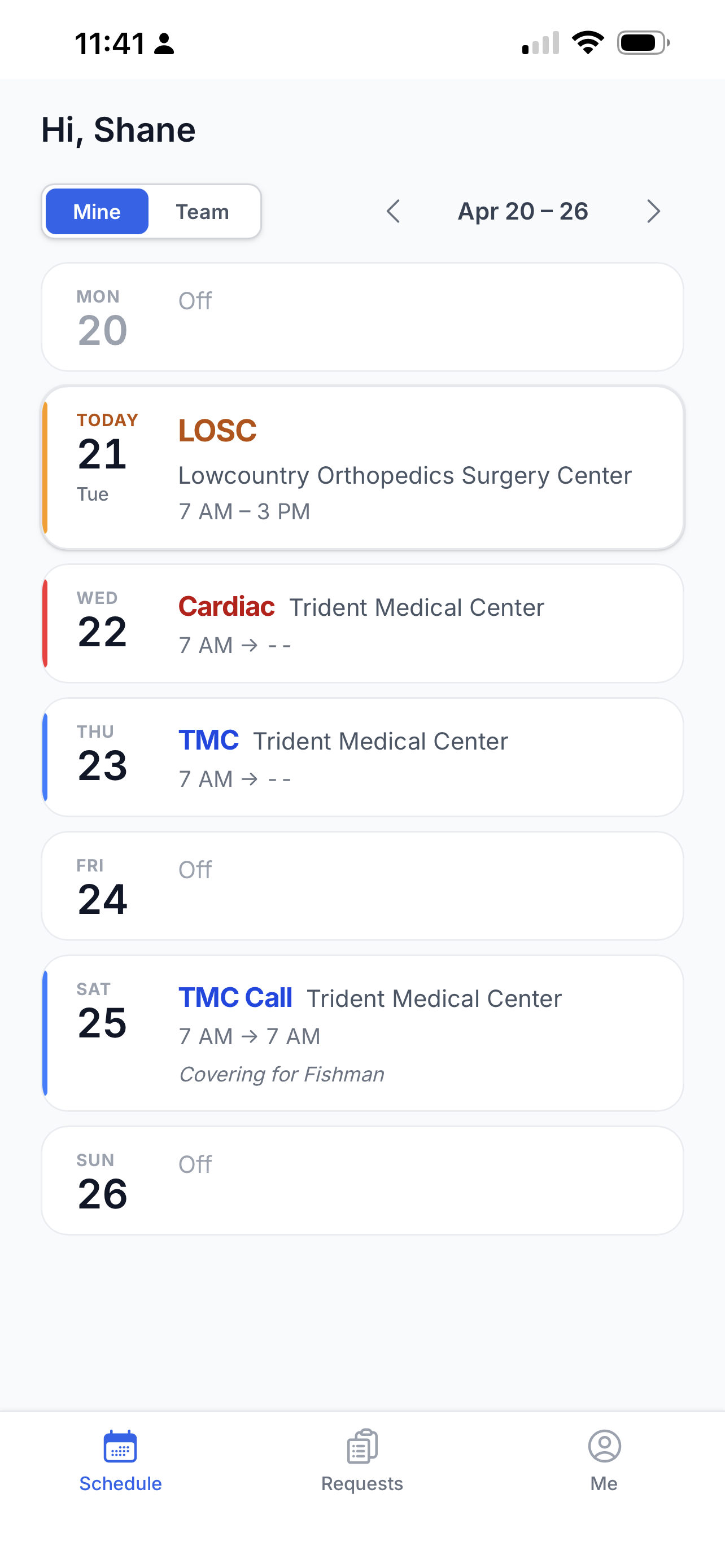 A physician's mobile view of Nice Schedule: a week at a glance showing today's site assignment and the rest of the week's shifts, with tabs for Schedule, Requests, and Me.